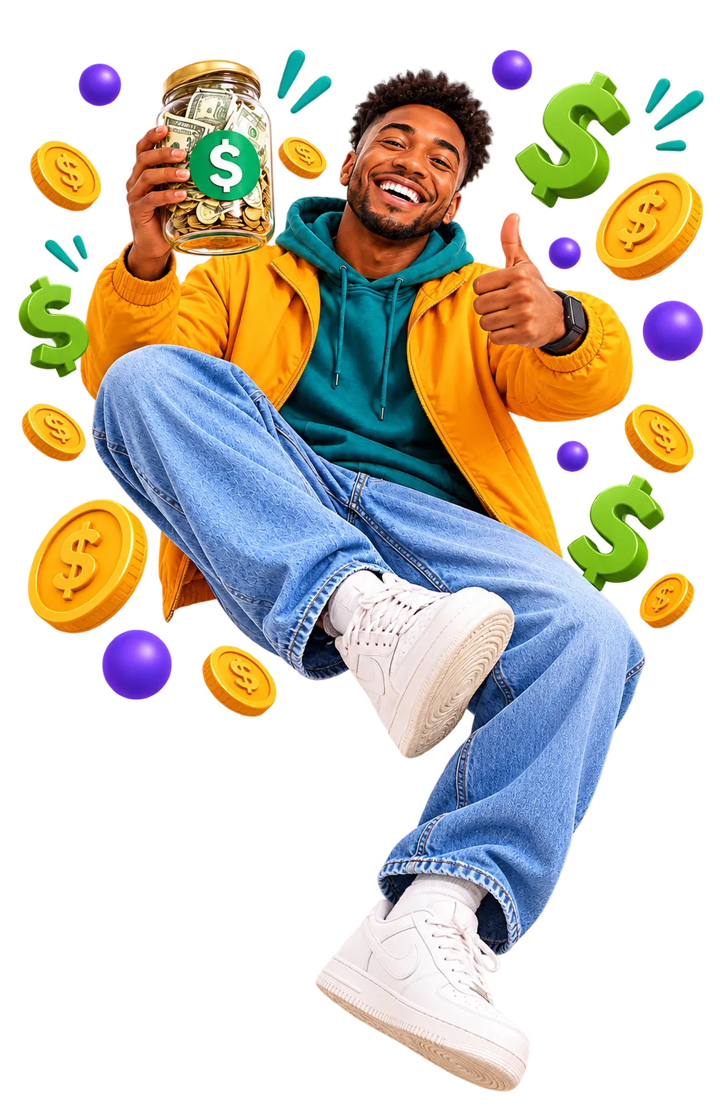 Joyful young adult celebrating with floating gold coins