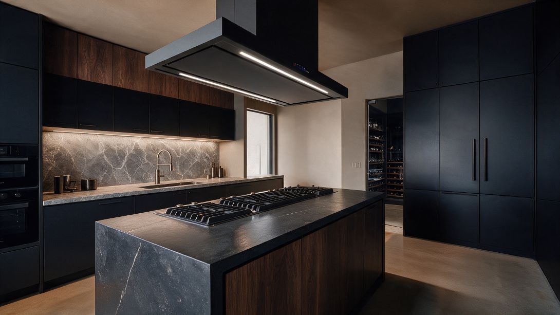 Modern matte black kitchen with a stone waterfall island and integrated cooktop, Las Vegas