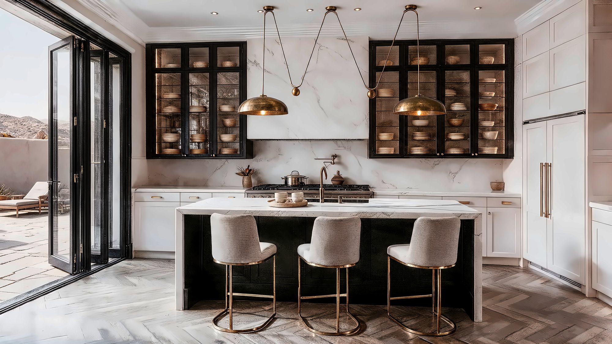 Black and white kitchen with glass door cabinets, brass Arhaus pendants, and marble waterfall island, Las Vegas