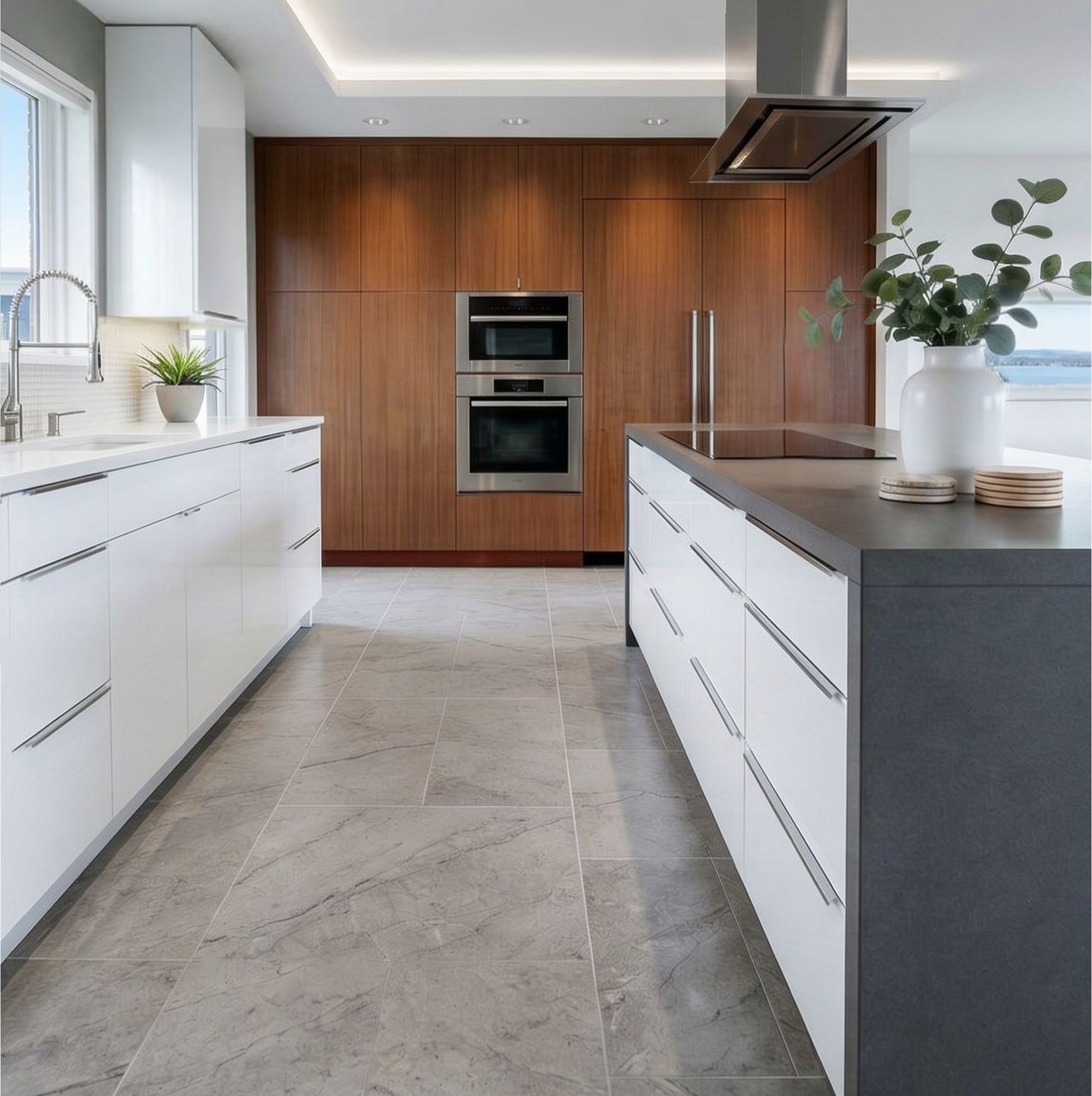 Bold modern kitchen with white gloss cabinets, mahogany cabinets and Dekton waterfall island, Seattle