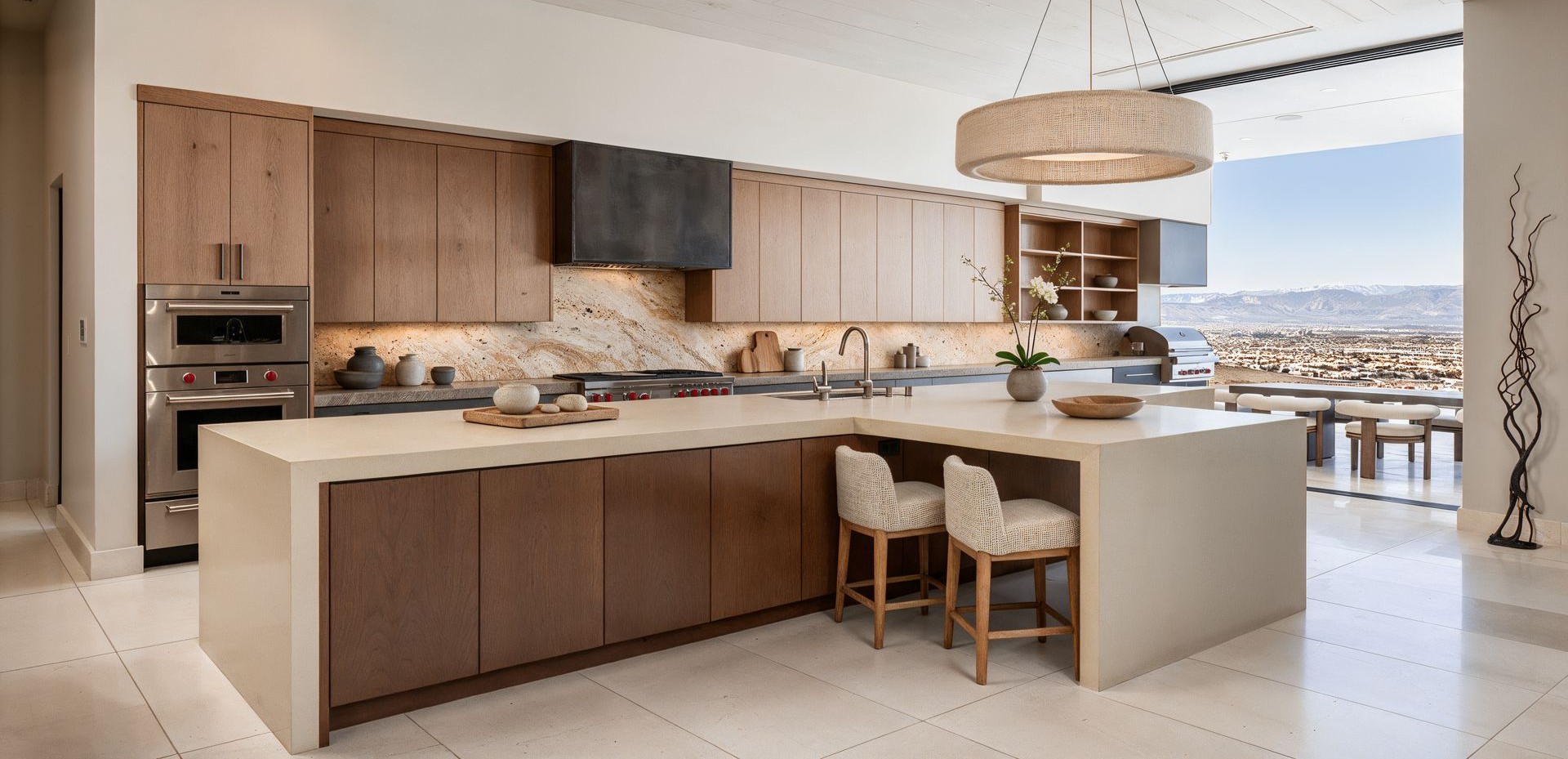 Expansive kitchen in Japandi style, integrated dining at island, Las Vegas