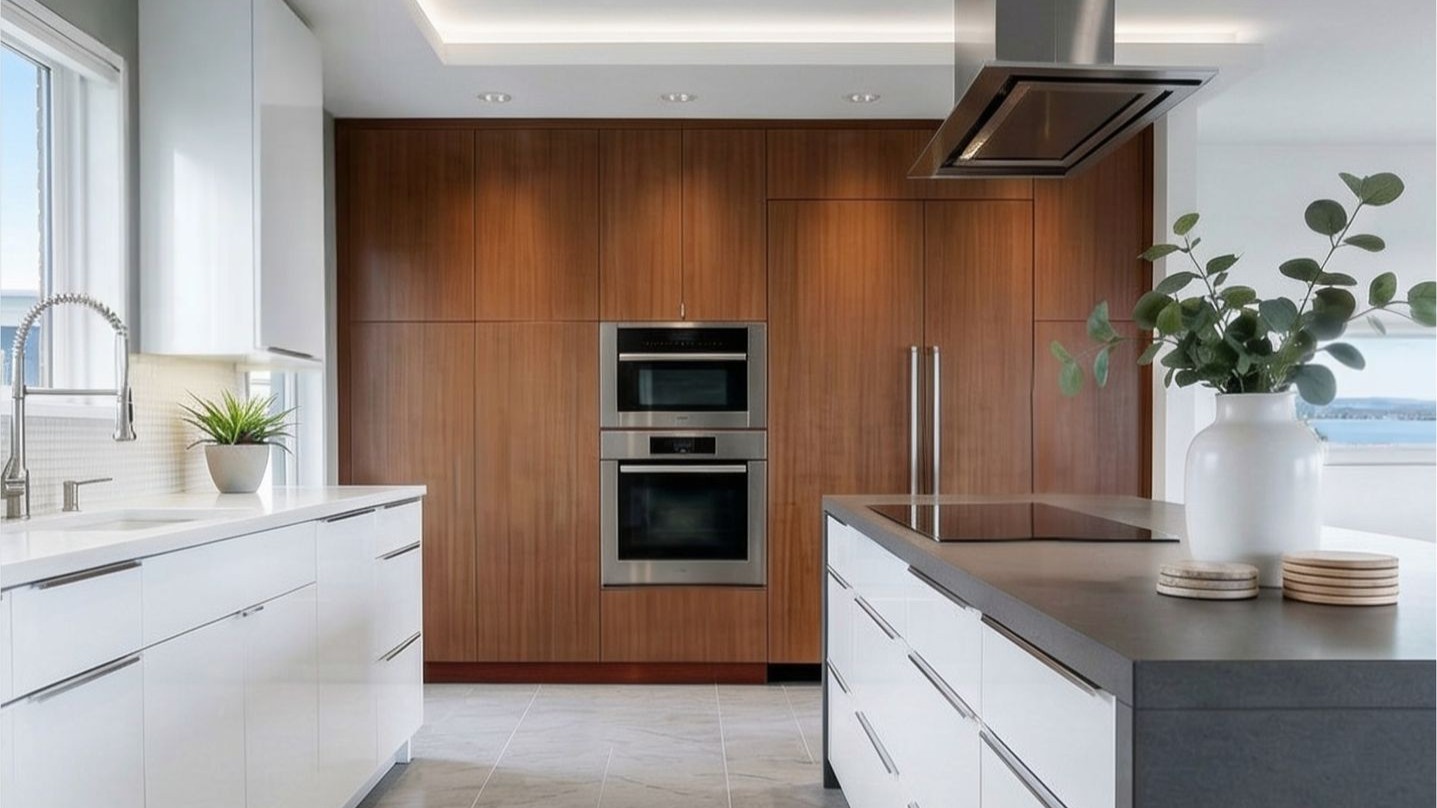 Minimalist modern kitchen with custom mahogany and white cabinets, waterfall island, Seattle