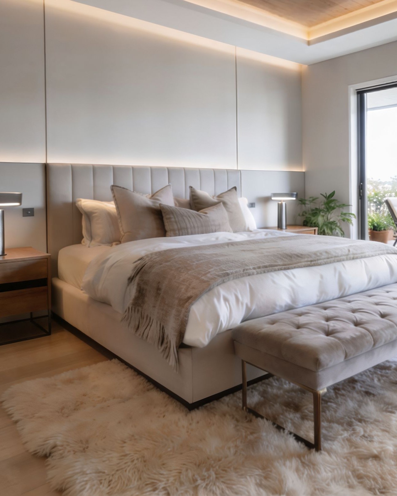 Modern bedroom with channel tufted upholstered headboard, headboard uplighting, cove ceiling lighting, and a tufted bench, Las Vegas.