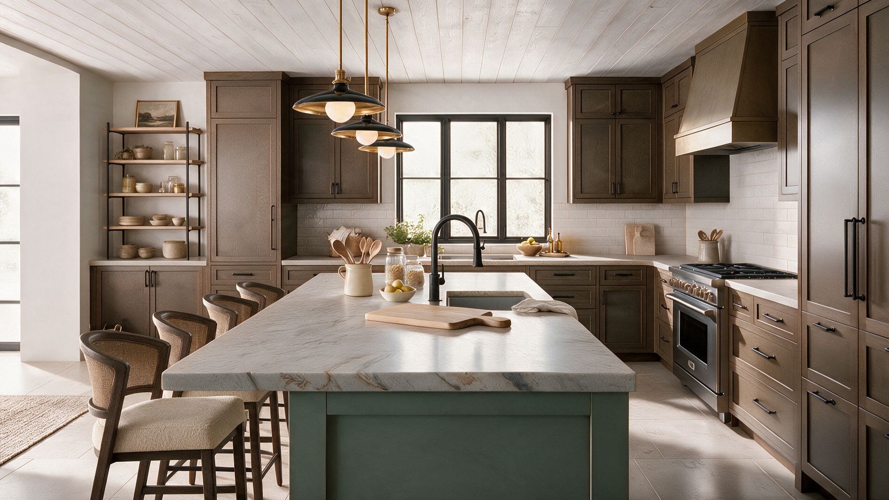 Modern farmhouse kitchen with stained wood and sage green, Arhaus stools and Pottery Barn pendants, Las Vegas.