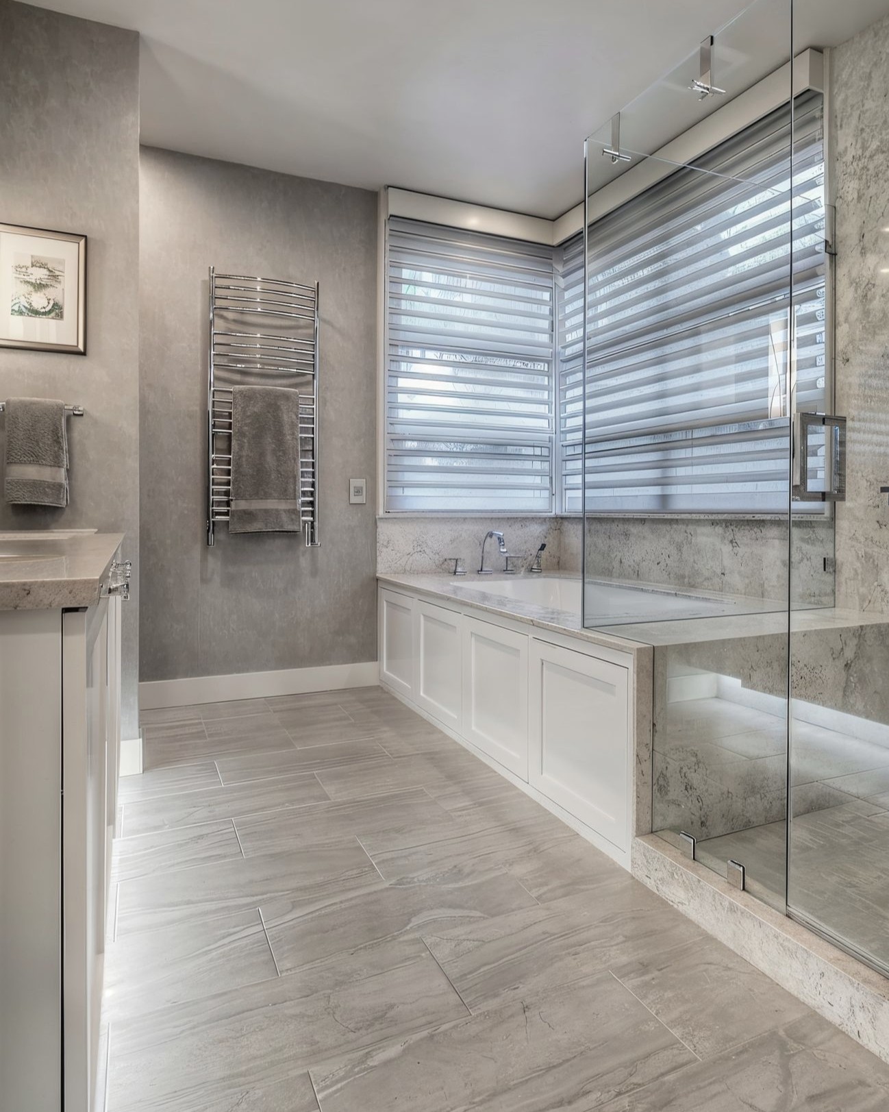 Transitional luxury bathroom with stone slab shower, Phillip Jeffries and Hunter Douglas products, Seattle