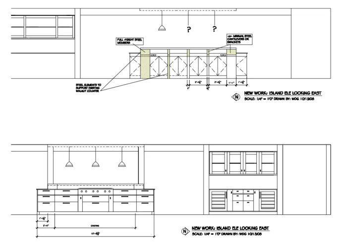 AutoCAD elevation drawings for kitchen island and dining bar, Clyde Hill