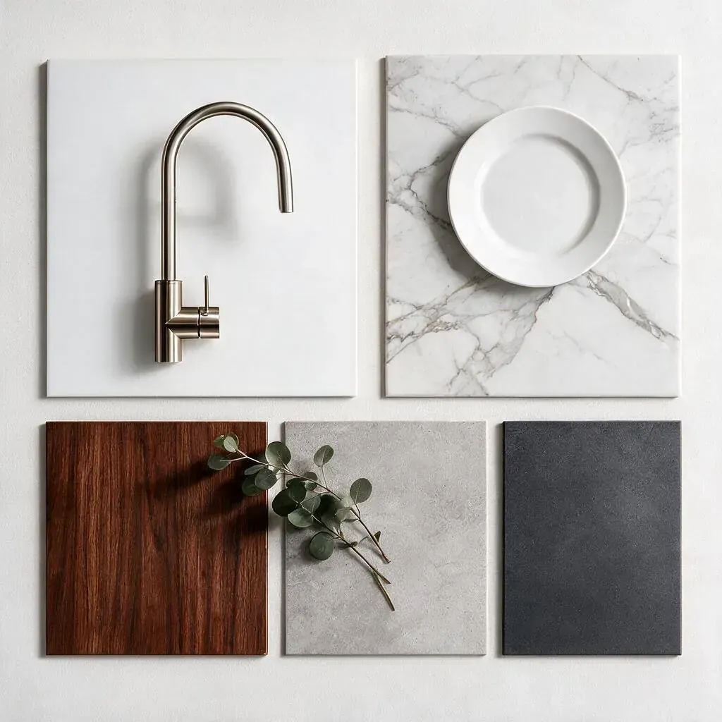 Moodboard for modern white and mahogany kitchen