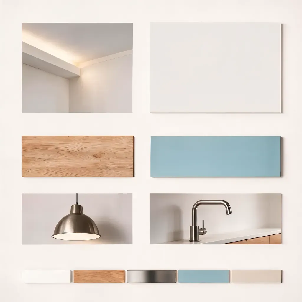 Moodboard for maple and blue kitchen