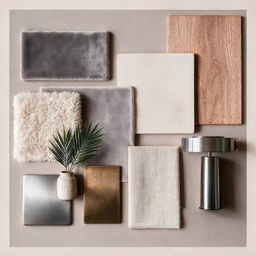 Moodboard for warm gray toned, cozy bedroom