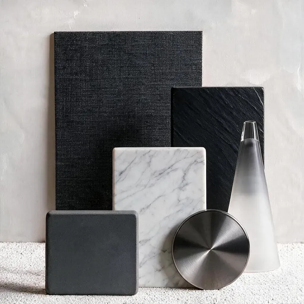 Moodboard for dramatic, dark powder room