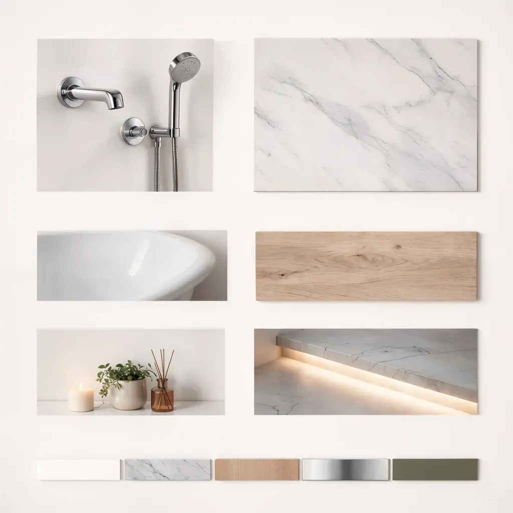 Moodboard for marble primary bathroom with soaking tub