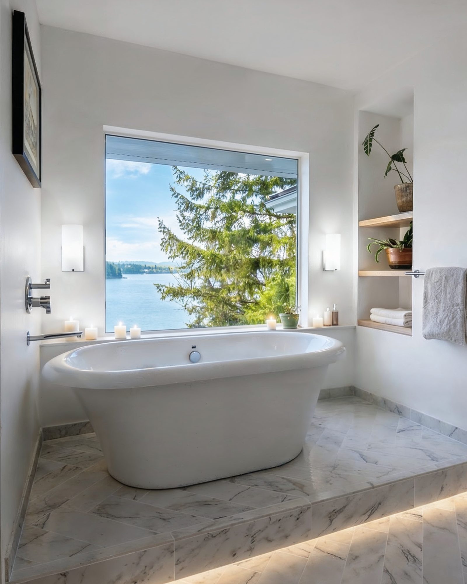 Moody powder room with custom Italian round black stone vessel sink, floating marble countertop, and pendant lighting, Bellevue