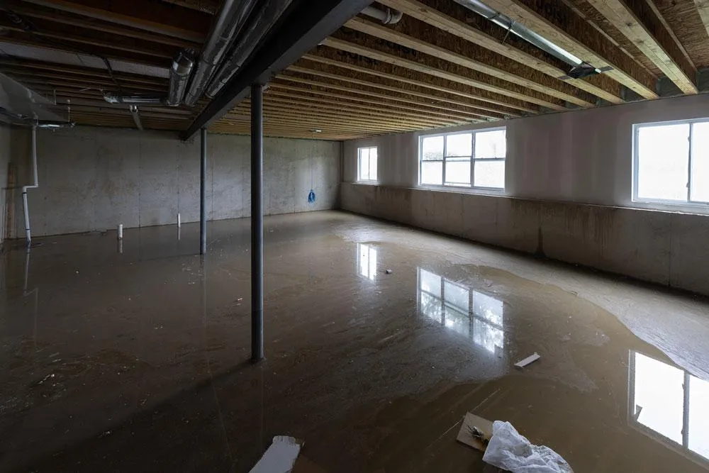 Standing water in a basement after a storm. 