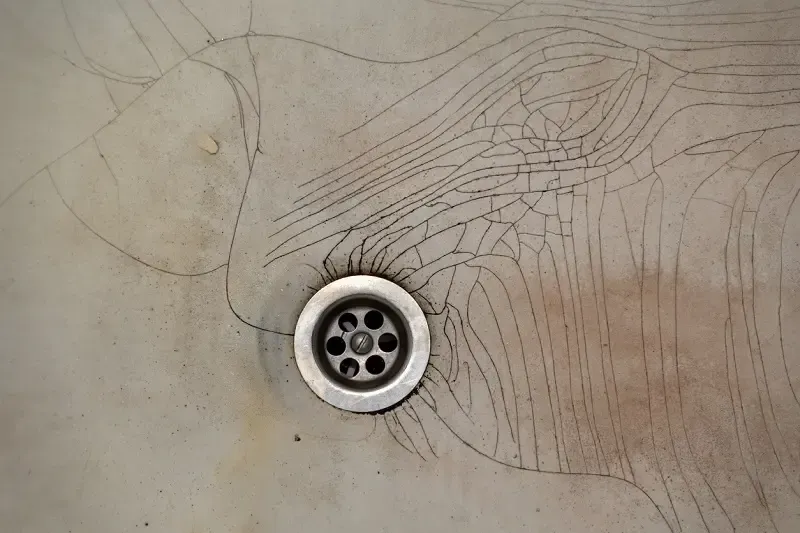 Cracked bathtub basin with visible erosion around the drain, showing signs of slow leaks damaging grout and subfloor.