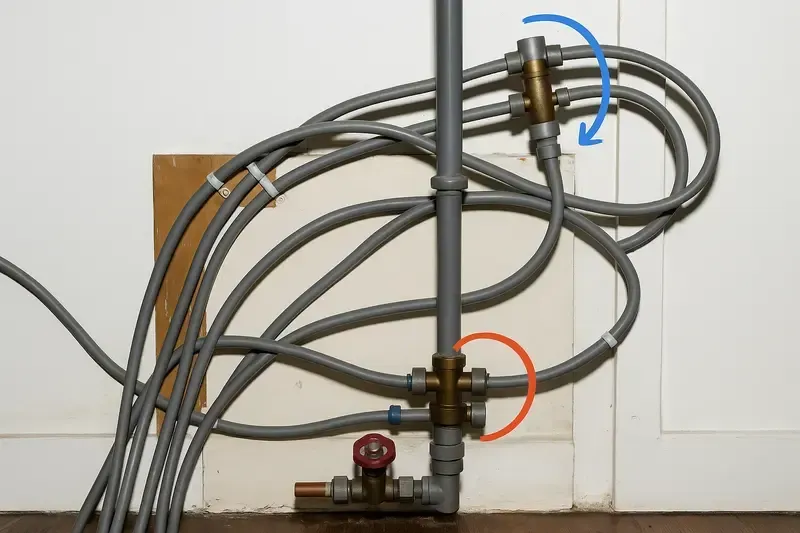 Unsafe DIY gas hookup with unsealed flex lines and unbraced fittings that fail to meet residential code standards.