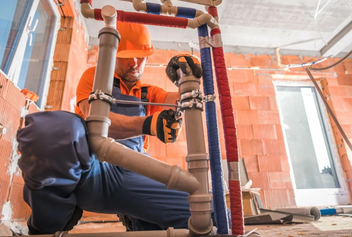 Crew in hard hats retrofitting large commercial water lines during a construction phase.