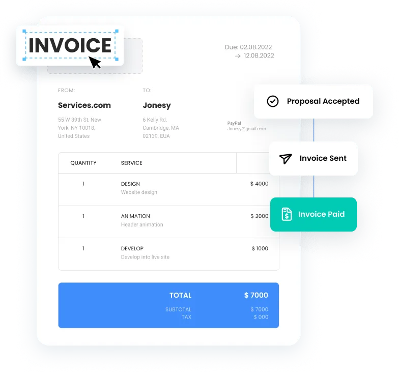 Invoice management interface displayed on the AstroPro Marketing website, detailing a professional invoice for services including website design, animation, and development, totaling $7,000. The interface highlights stages of the billing process, such as 'Proposal Accepted,' 'Invoice Sent,' and 'Invoice Paid,' offering an efficient solution for tracking payments and project workflows.