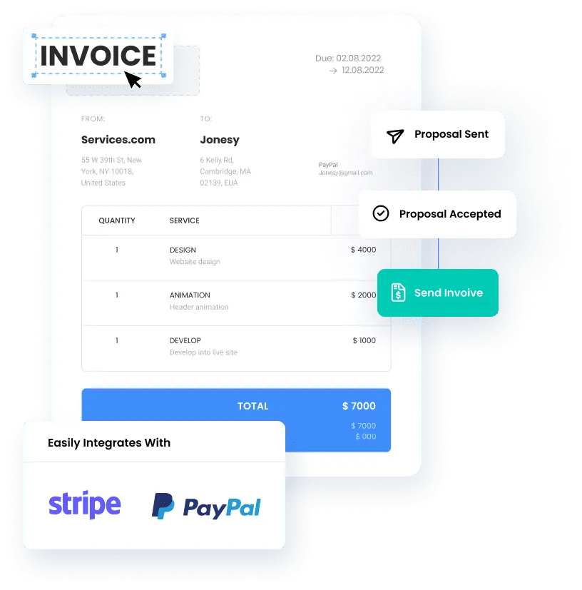 An invoicing and payment integration interface tailored for AstroPro Marketing, showcasing a professional invoice workflow. The invoice includes:  From: 'Services.com,' with an address in New York, NY, USA. To: 'Jonesy,' with contact details in Cambridge, MA, and a linked PayPal email address. Services Provided: Website Design: $4,000. Header Animation: $2,000. Development (Live Site): $1,000. Total: $7,000. Key actions are displayed:  'Proposal Sent' and 'Proposal Accepted,' indicating progress in client approval. A 'Send Invoice' button for the next step in the process. At the bottom, integration options highlight compatibility with Stripe and PayPal for seamless payment processing. The design emphasizes efficient invoicing and payment workflows with a clean, user-friendly layout.