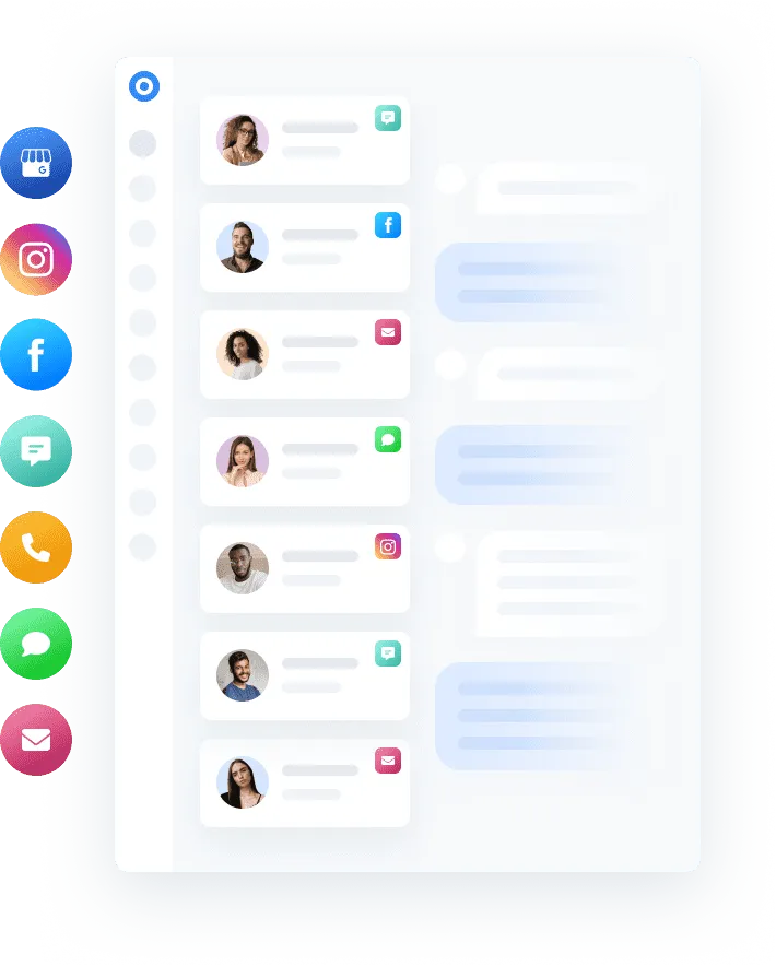 This image shows a communication dashboard featuring a list of contacts with their profile pictures and icons representing different platforms like Facebook, Instagram, WhatsApp, and email. The left sidebar includes icons for various communication channels, such as Google My Business, Instagram, Facebook, messaging, phone calls, SMS, and email. The right side displays a conversation thread, suggesting the dashboard is used for managing interactions across multiple channels. The layout emphasizes streamlined multi-platform communication management.