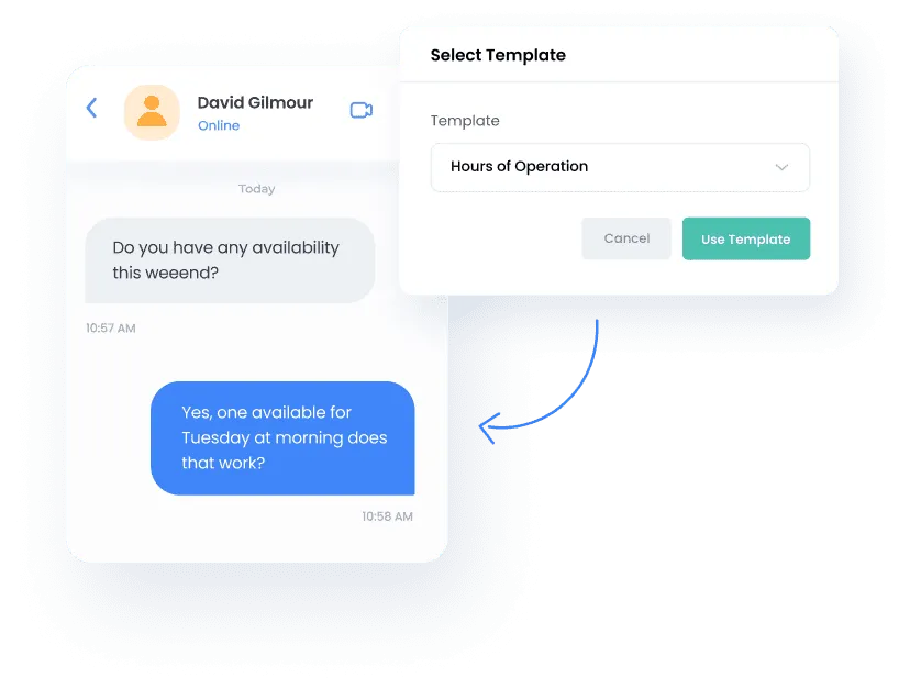 Conversation management feature showcased on the AstroPro Marketing website, demonstrating a chat interaction where a client inquires about availability. The interface highlights the option to select and use pre-configured templates, such as 'Hours of Operation,' for quick and consistent responses.