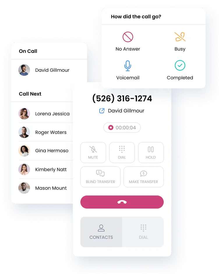 A call management interface tailored for AstroPro Marketing, designed for tracking and optimizing client communication. The image displays a live call in progress with David Gilmour, showing the phone number (526) 316-1274 and a call timer. The interface includes options such as mute, dial, hold, blind transfer, and make transfer for seamless call handling. A sidebar labeled 'On Call' lists active contacts, while the 'Call Next' section highlights upcoming calls with contacts like Lorena Jessica, Roger Waters, Gina Hermoso, Kimberly Natt, and Mason Mount. At the top, a post-call prompt asks, 'How did the call go?' with options including 'No Answer,' 'Busy,' 'Voicemail,' and 'Completed,' streamlining call outcome tracking.