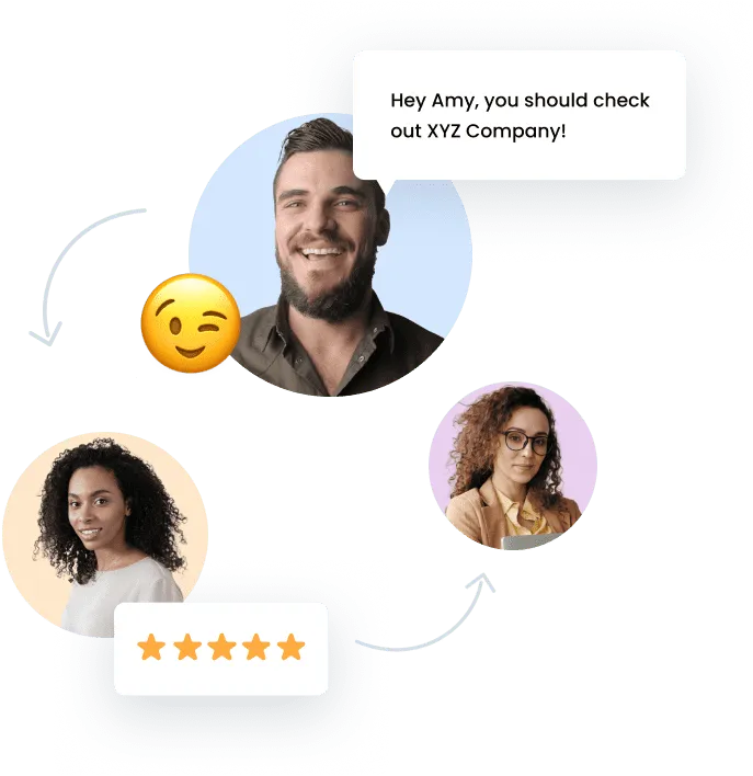 A referral and review feedback illustration designed for AstroPro Marketing, emphasizing customer engagement and advocacy:  Customer Interaction:  Features a smiling male customer recommending a business with the message: "Hey Amy, you should check out XYZ Company!" A winking emoji adds a friendly and personable touch. Referral Chain:  Shows a flow from the recommending customer to a new potential customer (Amy), represented by a female profile picture. Concludes with a positive outcome: a 5-star rating symbolizing satisfaction and trust. This visual represents the power of referrals and positive reviews in driving new business, emphasizing AstroPro Marketing's focus on word-of-mouth growth and customer trust.