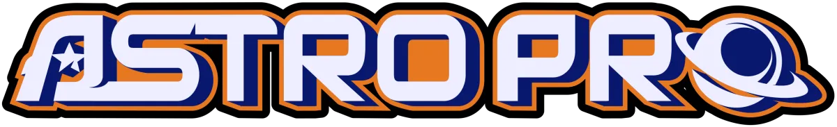 AstroPro Marketing logo featuring bold, futuristic lettering with a star and planetary theme in orange, blue, and white.