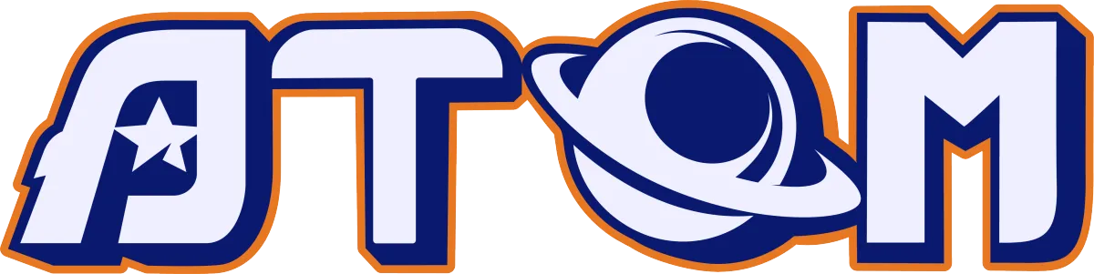 AstroPro Marketing ATOM logo with bold, futuristic lettering in blue and white, accented by an orange outline, featuring a star and a planetary ring design.