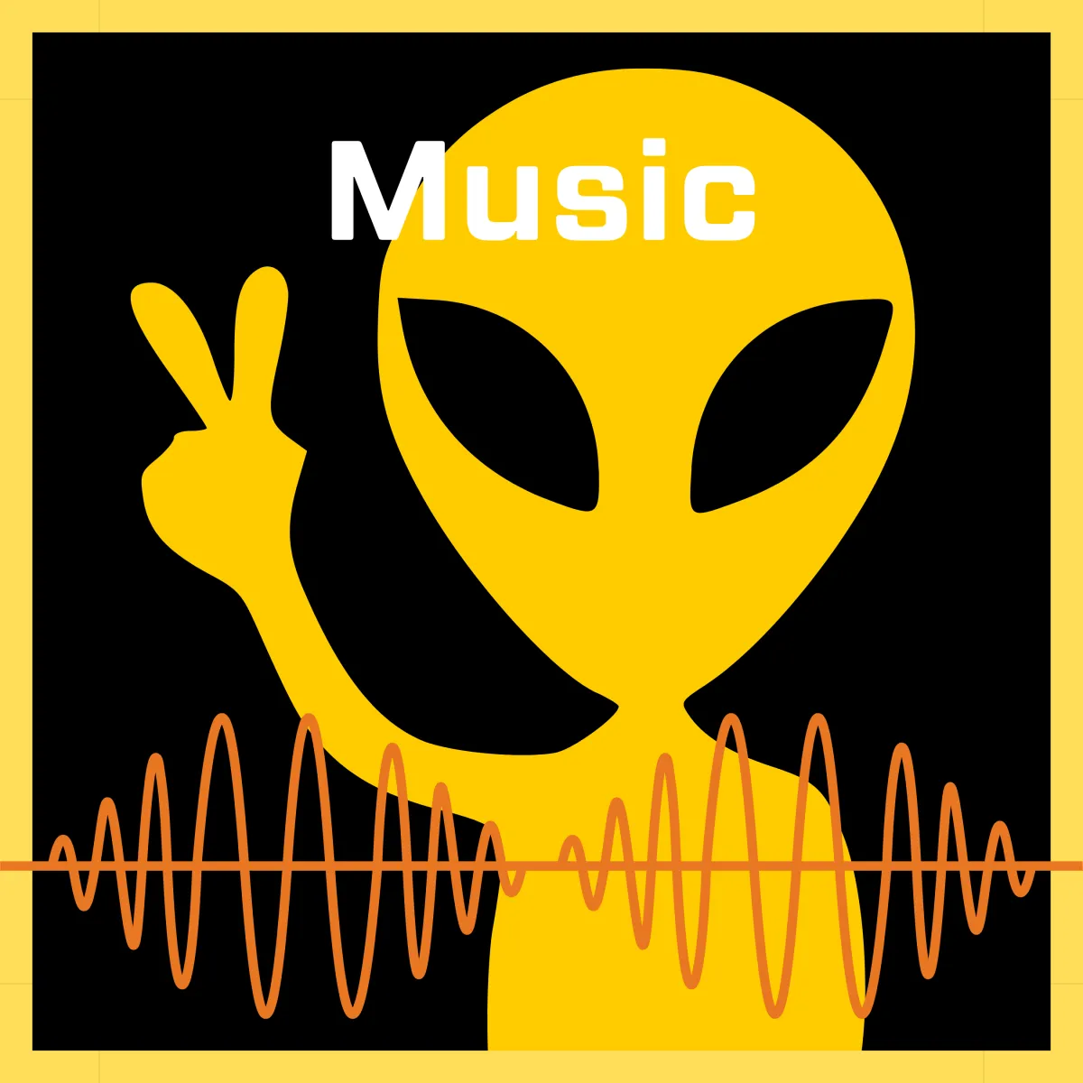 Music branding on the AstroPro Marketing website, featuring a bold black background with a vibrant yellow alien figure making a peace sign. An orange soundwave runs across the design, symbolizing creativity, rhythm, and extraterrestrial inspiration in music production and audio services.