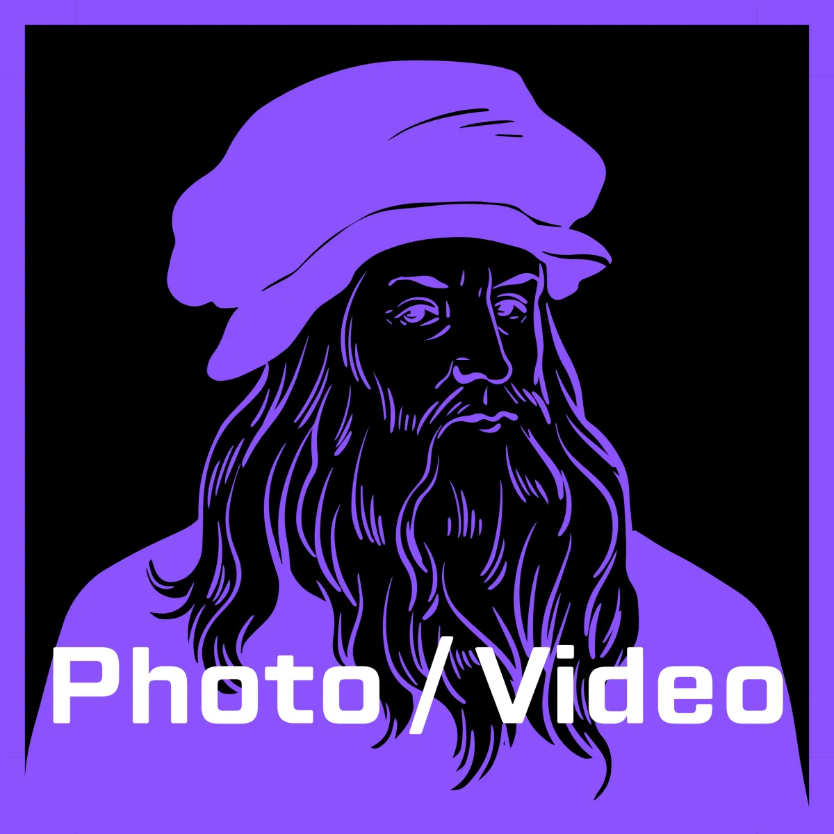 Photo/Video branding on the AstroPro Marketing website, featuring a bold black background with a detailed purple illustration of a classic artistic figure. The design symbolizes creativity and expertise in multimedia production, emphasizing high-quality visual storytelling.