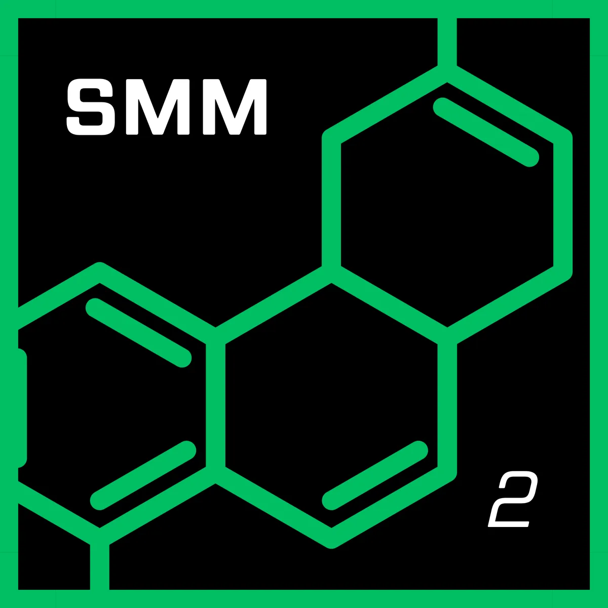 AstroPro Marketing SMM (Social Media Management) logo featuring a green hexagonal molecular design, 'SMM' in bold white text, and a small '2', set against a black background with a green border