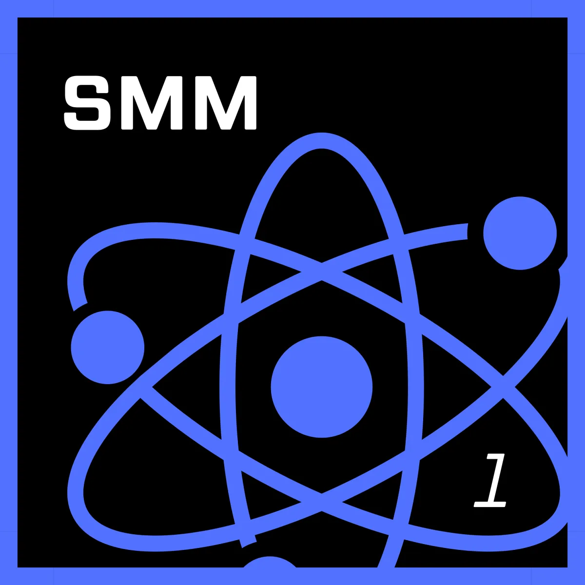 AstroPro Marketing SMM (Social Media Management) logo featuring a blue atom with orbiting spheres, 'SMM' in bold white text, and a small '1', set against a black background with a blue border.