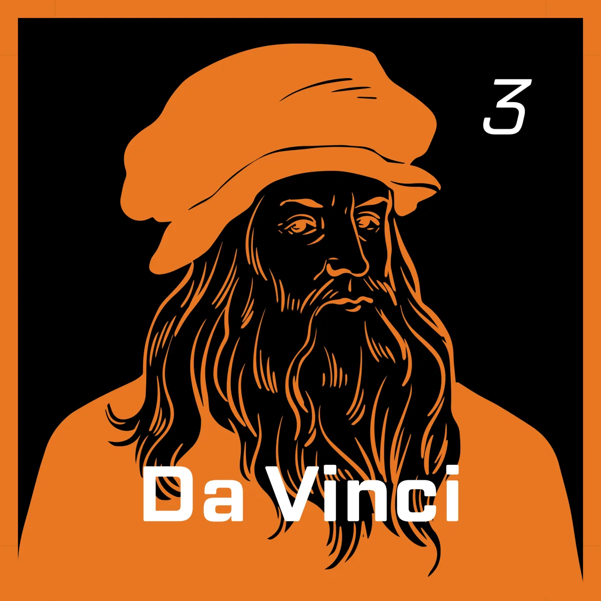 Illustration of Leonardo da Vinci in orange on a black background, featuring the text 'Da Vinci' in bold white and a small '3' in the top-right corner, framed by an orange border.