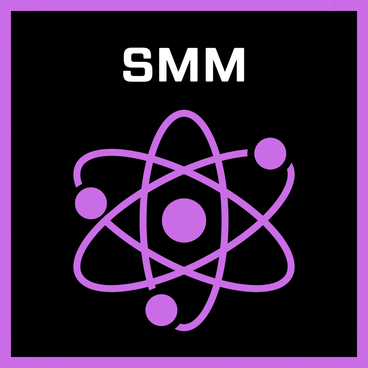 Social Media Marketing (SMM) branding on the AstroPro Marketing website, featuring a sleek black background with a vibrant purple atomic symbol. The design emphasizes the interconnectedness and strategy of managing social media campaigns to amplify brand presence and engagement.