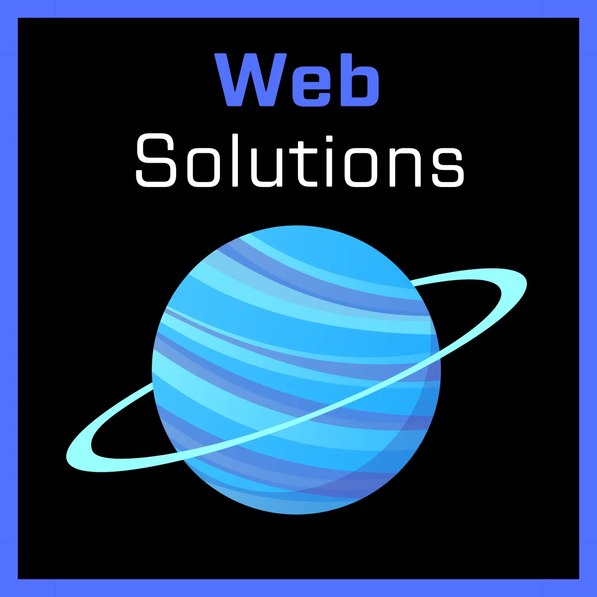 Web Solutions branding on the AstroPro Marketing website, featuring a vibrant blue planet with rings set against a sleek black background. The bold text 'Web Solutions' emphasizes modern and dynamic website design and development services.