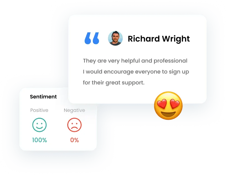 A customer feedback and sentiment analysis widget designed for AstroPro Marketing:  Customer Testimonial:  A review from Richard Wright with a quote: "They are very helpful and professional. I would encourage everyone to sign up for their great support." Includes a profile image of the reviewer for personalization. Enhanced with a smiling face emoji with heart eyes, indicating high satisfaction. Sentiment Analysis:  Displays a 100% positive sentiment score and 0% negative feedback, represented by smiley and sad face icons. This design emphasizes customer satisfaction and trust, showcasing positive testimonials alongside sentiment data to reinforce reliability and exceptional service quality.