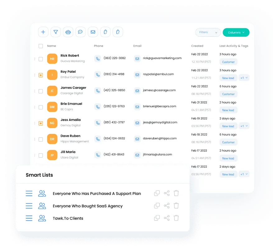 A contact management dashboard designed for AstroPro Marketing, showcasing a detailed list of leads and customers. The table includes columns for Name, Phone, Email, Created Date, and Last Activity & Tags. Key entries include:  Rick Robert (Guava Marketing) tagged as 'Customer,' last active 3 hours ago. Roy Patel (Embul Company) and James Carager (Carorage Digital) marked as 'Customer' and 'New Lead,' respectively. Brie Emanuel, Jess Amalia, Dave Ruben, and Jill Maria with similar details, including email, call, and note actions available for each. At the bottom, a 'Smart Lists' section highlights pre-segmented lists:  'Everyone Who Has Purchased A Support Plan.' 'Everyone Who Bought SaaS Agency.' 'Tawk.To Clients.' Action icons allow users to share, edit, or delete lists for streamlined segmentation and outreach. The interface supports efficient contact management with user-friendly organization and filtering options.