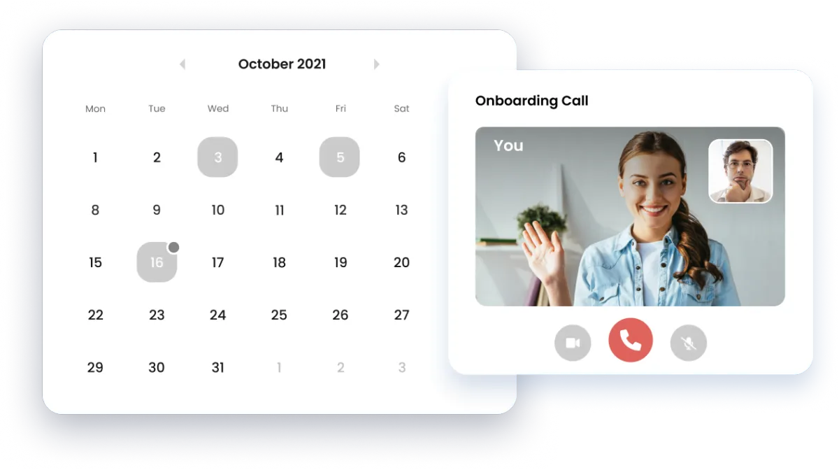 Scheduling and video call interface featured on the AstroPro Marketing website. The design includes a calendar for booking appointments, with a highlighted onboarding call scheduled for October 16, 2021. A video call interface is displayed alongside, featuring participants in a professional onboarding session, emphasizing seamless scheduling and communication solutions.