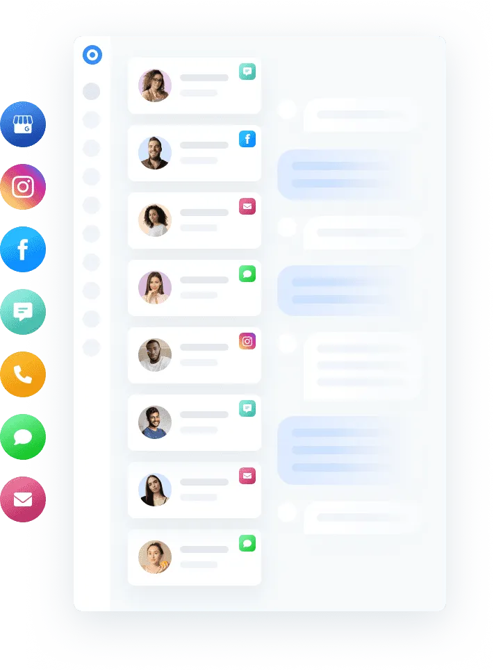 An interface mockup for AstroPro Marketing showcasing a unified communication dashboard. The screen displays a list of customer profiles with their corresponding communication channels, such as text messages, Facebook Messenger, Instagram, and email. Each customer profile includes an avatar, name, and channel icon for streamlined identification. On the left side, vertical icons represent different communication platforms, including a storefront, Instagram, Facebook, chat, phone, and email. The right side features ongoing conversations or messages, highlighting seamless multi-channel communication management.