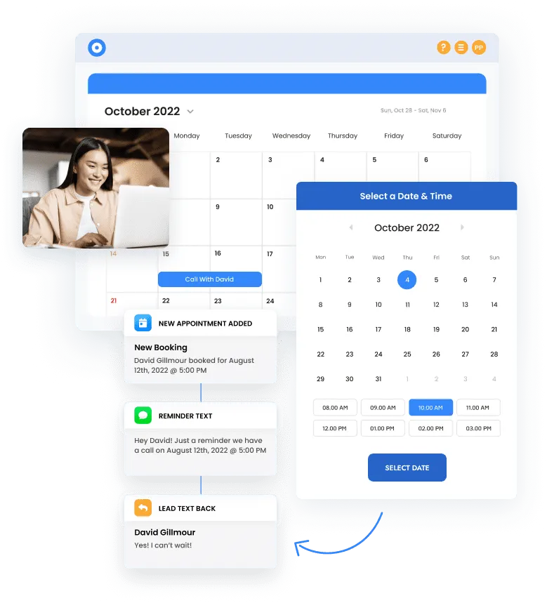 This image depicts a calendar-based scheduling interface. It includes a large calendar for October 2022 with a highlighted date, alongside a "Select a Date & Time" pop-up. The interface allows users to book appointments by choosing a specific date and time slot. Notifications below the calendar indicate actions such as new appointments, reminder texts, and a response confirming attendance. A smiling woman is shown in the upper left corner, representing the user or host engaged in the scheduling process. The design emphasizes streamlined appointment management with visual clarity and automation.