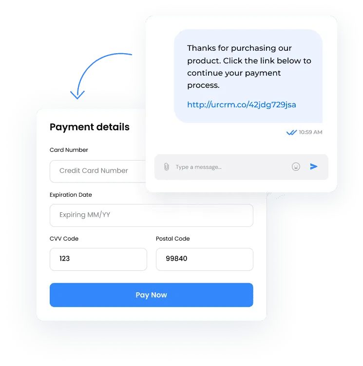 A payment process interface tailored for AstroPro Marketing, showcasing a streamlined workflow for completing transactions.  Payment Details Form:  Includes fields for: Credit Card Number. Expiration Date (MM/YY). CVV Code. Postal Code. A prominent 'Pay Now' button for completing the transaction. Automated Message:  A chat bubble reads: 'Thanks for purchasing our product. Click the link below to continue your payment process.' The link provided leads to a payment processing page (http://urcrm.co/42jdg729jsa). This design emphasizes ease of use, with a seamless transition from communication to payment completion, integrating messaging and payment workflows for a better customer experience.