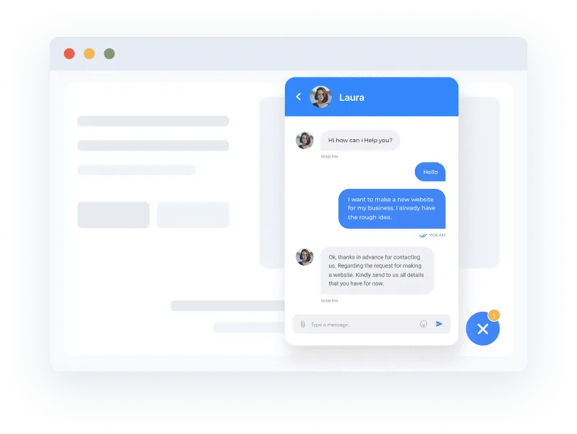 This image shows a chat interface within a browser window. On the right side is a blue chat bubble design labeled "Laura," where a conversation is taking place. The messages indicate that the user is seeking assistance in creating a new website for their business, and Laura is responding professionally, asking for details about the project. The layout suggests a customer support or chatbot interaction embedded on a web page.