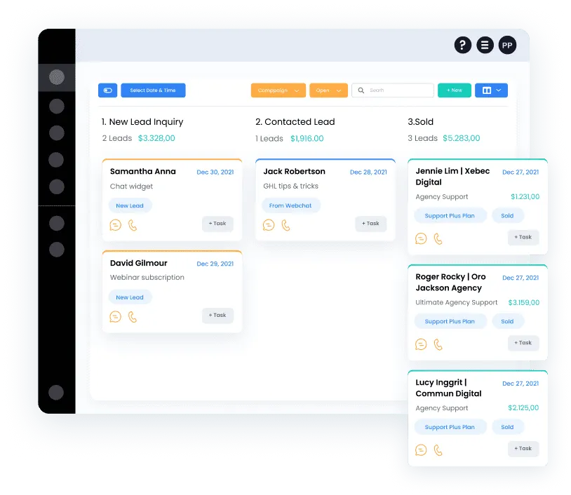 A lead management dashboard for AstroPro Marketing, showcasing a streamlined workflow divided into three stages: 'New Lead Inquiry,' 'Contacted Lead,' and 'Sold.'  New Lead Inquiry: Displays two leads:  Samantha Anna with a note 'Chat widget,' dated December 30, 2021. David Gilmour with a note 'Webinar subscription,' dated December 29, 2021. Both are tagged as 'New Lead' with icons for call and task actions. Contacted Lead: Features Jack Robertson with a note 'GHL tips & tricks,' labeled 'From Webchat,' dated December 28, 2021. Includes call and task options.  Sold: Lists three successful conversions:  Jennie Lim | Xebec Digital with 'Agency Support,' showing $1,231.00 in revenue. Roger Rocky | Oro Jackson Agency with 'Ultimate Agency Support,' generating $3,159.00. Lucy Inggrit | Commun Digital with 'Agency Support,' bringing in $2,125.00. The interface includes monetary totals for each stage and tools for filtering by date, campaign, or lead status. A sidebar and navigation icons provide additional functionality. The design highlights efficient tracking of leads and conversions, supporting businesses in managing client journeys effectively."