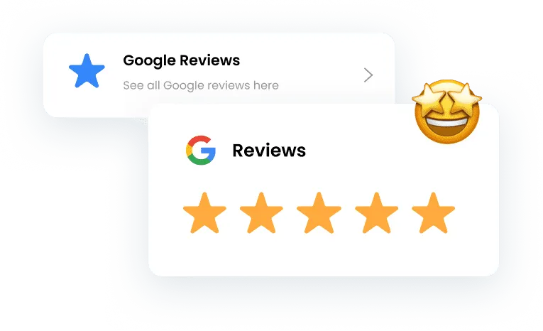 A Google Reviews widget designed for AstroPro Marketing, highlighting customer ratings and feedback:  Google Reviews Overview:  A section labeled 'Google Reviews' with an option to 'See all Google reviews here,' accompanied by a blue star icon to represent ratings. Rating Display:  Prominently features a 5-star rating, emphasizing top-notch customer satisfaction. Enhanced with a smiling face emoji with star eyes, indicating exceptional quality and highly positive reviews. This widget is designed to build trust and credibility by showcasing stellar customer feedback and easy access to detailed reviews.