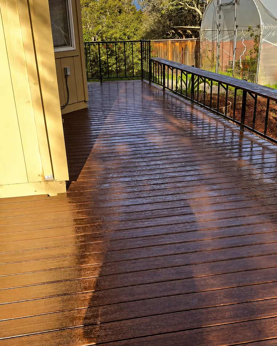 Restored backyard deck with dark wood stain and black railing