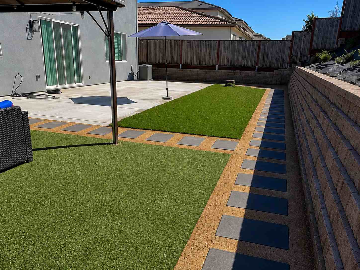 Landscaped backyard with artificial turf, stepping-stone walkway, concrete patio, and retaining wall