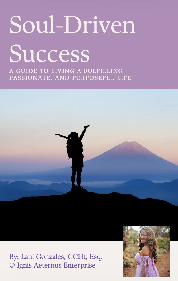 Book cover: "Soul-Driven Success" featuring a hiker celebrating on a mountain peak at sunrise.