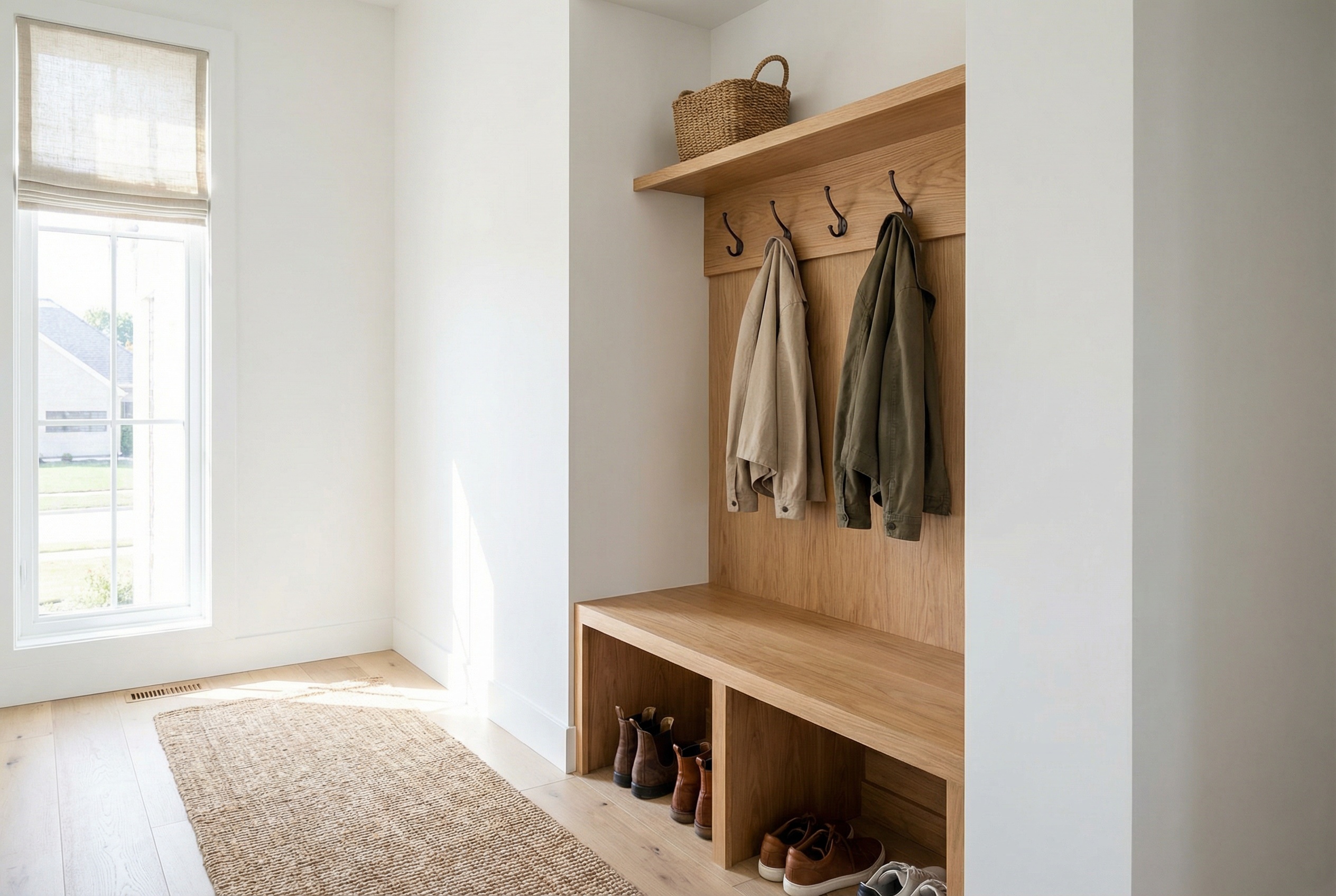 Custom hall tree with bench and open shoe storage in a small entryway, featuring warm oak wood tones, coat hooks, and natural light