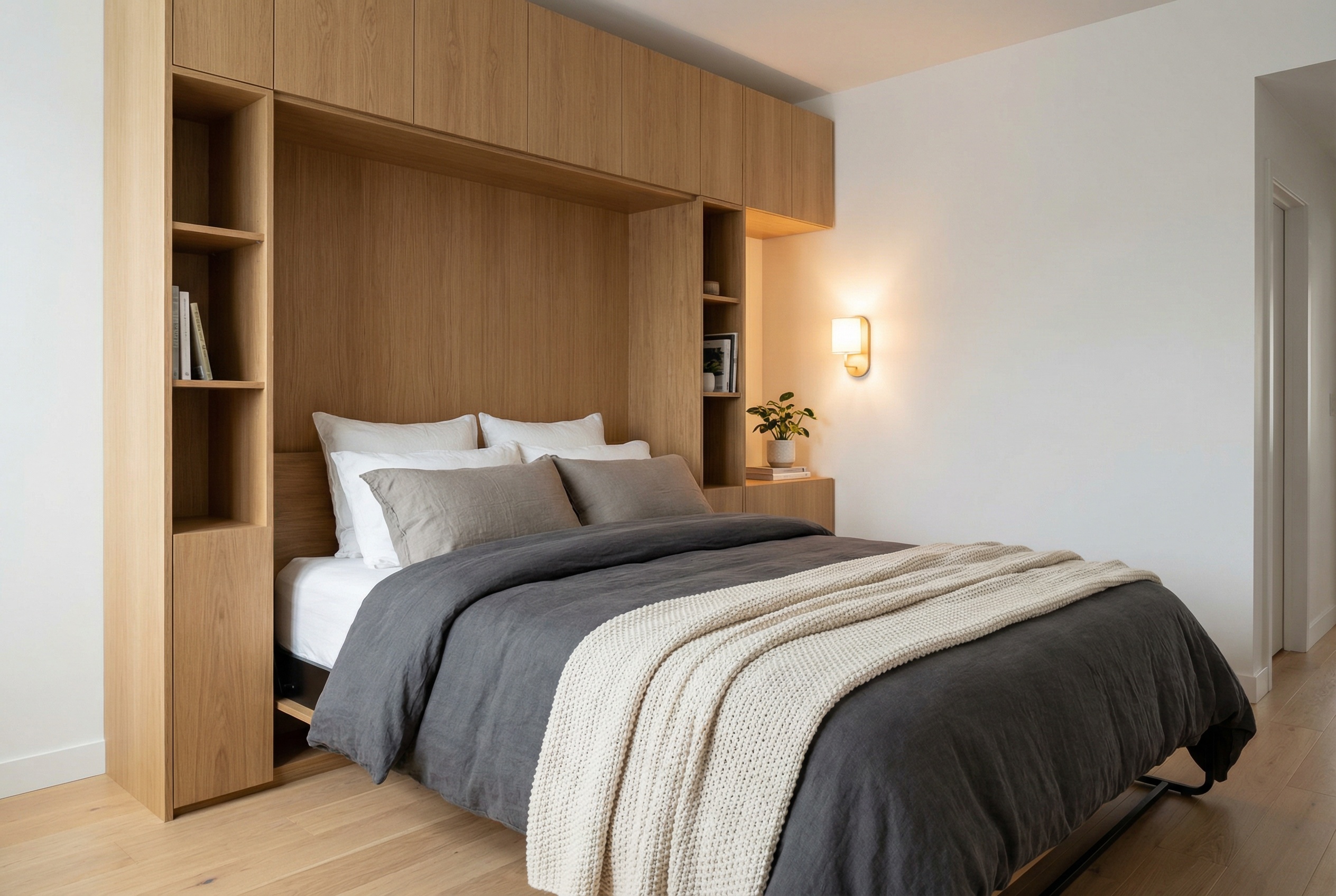 Custom murphy bed cabinet fully deployed with quality bedding and built-in shelving in a modern bedroom with warm wood tones