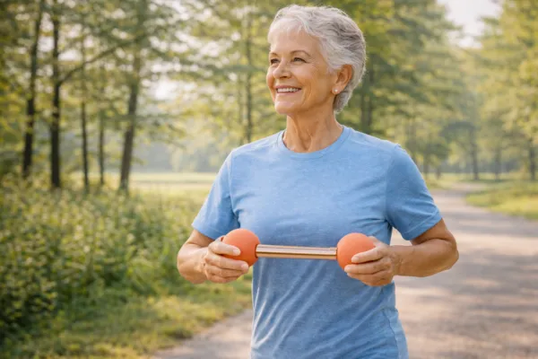 Active senior (65+) walking confidently outdoors with Abdomen Balls™